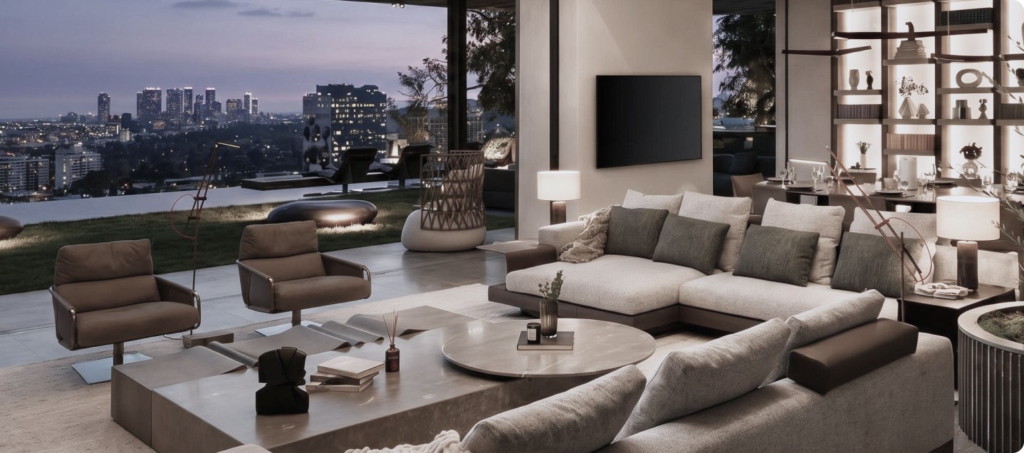 Living room with smart-home lighting and entertainment